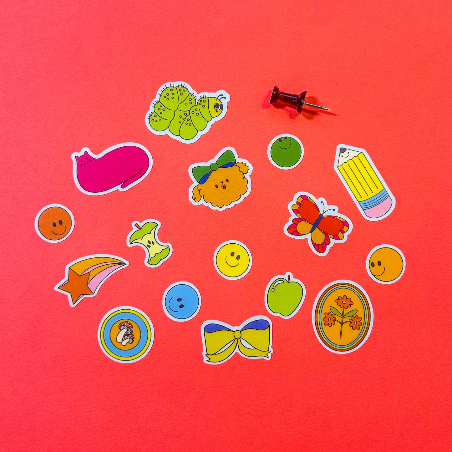 Mini sticker sheet with colorful and playful designs for decorating water bottles and laptops"
