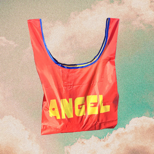 Foldable ripstop nylon tote bag featuring 'Angel' text