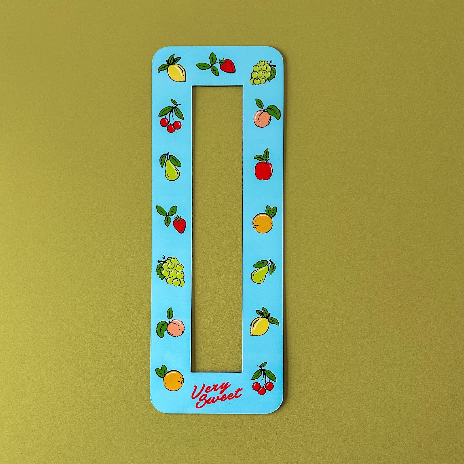 Vintage fruit photo booth magnet frame with retro fruit illustrations